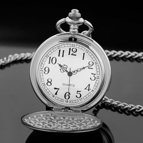Image of Tiong Bracket Pocket Watch Design Roman Numerals Smooth Case Quartz with Chain Gifts for Birthday Father's Day-Silver
