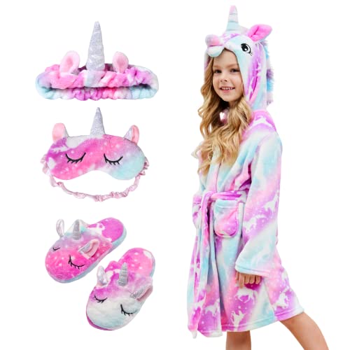 Piefry Weicher Einhorn-Bademantel mit Kapuze für Mädchen mit Einhorn-Pantoffeln Augenbinde und Stirnband - Geschenke für Mädchen (Rosa/Lila Einhorn 5-6 Jahre)