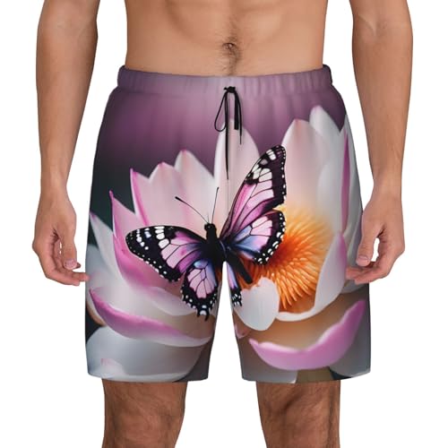 Pink Butterfly Men's Soft Double Swim Shorts, Lounge Swiming Shorts Pants Breathable Summer