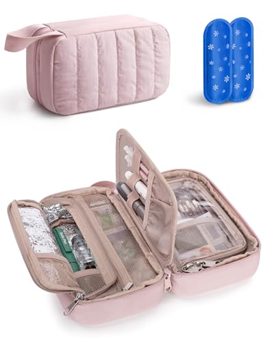 Marscamd Puffy Diabetes Travel Case with 2 Ice Packs, Insulin Cooler Travel Case with Multiple Pockets, Pink