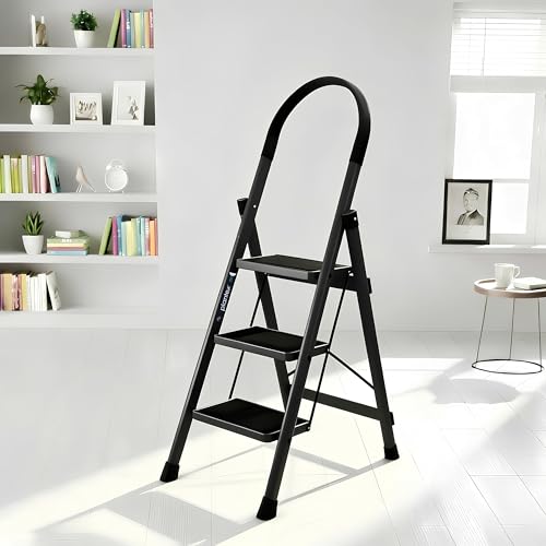 Image of Plantex Ladder for Home 3 Steps /Foldable Ladder with Anti-Skid Wide Steps (30L x 20W cm) /Strong D-Shape Pipe with X-Support for More Stability /5 Year Warranty(Apex-Black)
