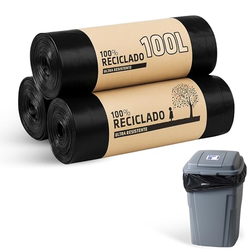 Bolsas Basura, Sacos de basura Resistentes, Bolsas de Comunidad 100% Recicladas, Ecológicas y Antigoteo, 100 L, 85 x 105 cm, Contiene 3 Rollos de 10 bolsas, Negro