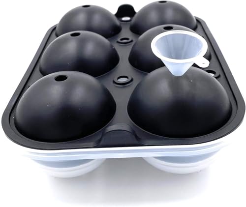 Image of Ice Cube Trays Premium Imported Ice Ball Maker | Silicone 6 Cavity Easy Release 6Cm Round Whiskey Mould with Lid & Funnel for Cocktail & Bourbon - (Color-Black, Weight-300Grams)
