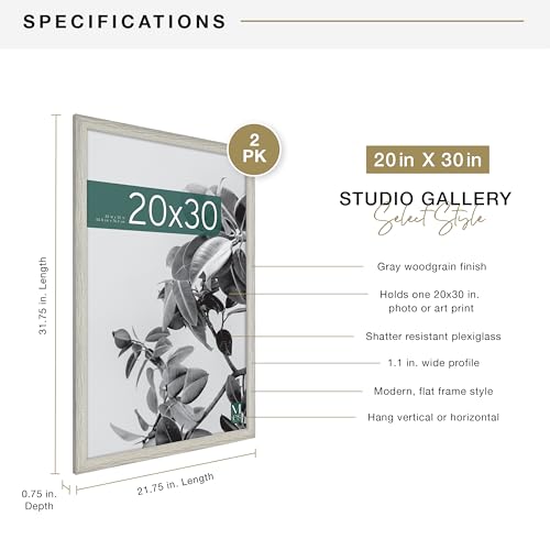 MCS Studio Gallery 20x30 Poster Frame Gray Woodgrain, Vertical & Horizontal Wall Hanging Large Picture Frame for Photos, Posters & Art Prints (2-Pack)