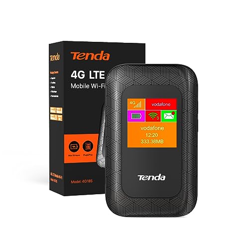 Tenda Router 4G Wi Fi Portátil, Hotspot Router de Red Móvil, MiFi, LTE Cat4 150 Mbps, Batería de 2100 mAh, Conexión hasta 10 Dispositivos, Play y Plug con Tarjeta SIM, Pantalla a Color (4G185)