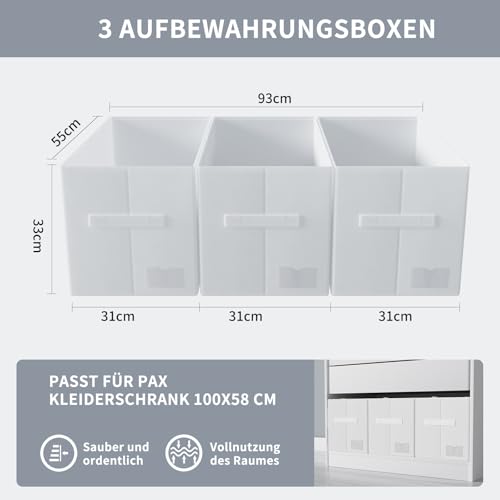 LAJIAKE 3er Set Aufbewahrungsbox Groß Kleiderschrank Organizer geeignet für PAX Kleiderschrank 100x58 cm– Faltbare Stoffboxen mit Sichtfenster, – Weiß – 55×31×33 cm