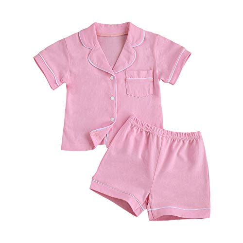 BULINGNA Kids Toddler Baby Girl Boy Summer Two Piece Pajamas Set Button Down Top with Shorts