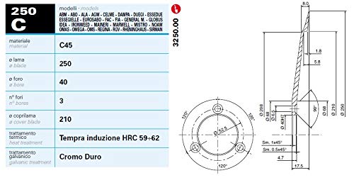 KLINGER Lama per affettatrice 250 mm diametro foro centrale 40 mm - 3 fori fissaggio lama - diametro coprilama 210 mm. Materiale C45
