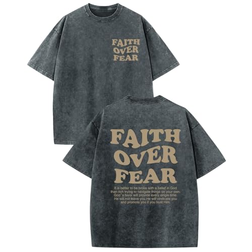 Image of Christian Shirts for Men Faith Over Fear Oversized Shirt Acid Wash Tshirt Graphic Religious T Shirt Bible Verse Tees