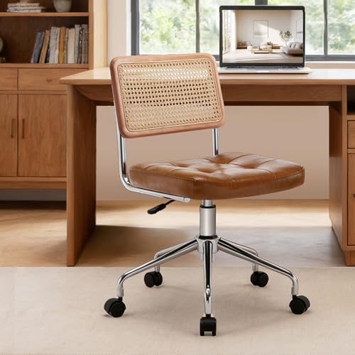 Image of Zesthouse Leather Office Desk Chair with Wheels, Mid Century Rolling Desk Chair with Natural Rattan Back, Modern Swivel Home Office Chair, Small Height Adjustable Computer Task Chair, Brown