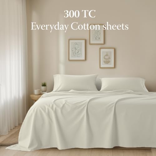 Image of Threadmill 300 Thread Count Cotton Full Sheet Set, Sateen, Solid, Ivory | 100% Cotton, Sateen Weave, 4-Piece Set, 16 inch Deep Pocket, All-Around Elastic, Cooling, Breathable, OEKO-TEX Certified