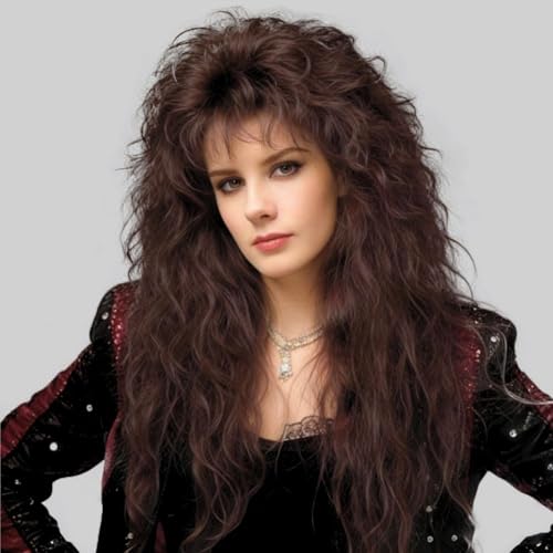 Dai Cloud Brown Long Curly Wig for Women 70s 80s Rocker Punk Wigs with Bangs Synthetic Fiber Wigs for Halloween Costume Party Use