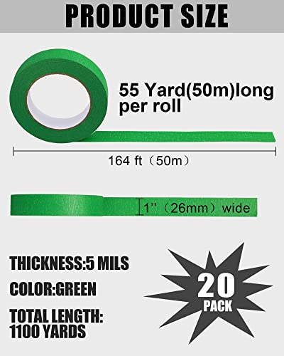Image of Fainne 20 Pcs Green Painters Masking Tape Bulk 1 Inch x 55 Yard, General Purpose Paint Band Removable Adhesive Tape Multi Surface Roll for Painting Labeling School Supplies