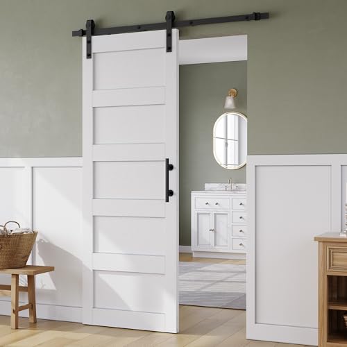 Image of SMARTSTANDARD 30in x 84in Sliding Barn Door with 5FT Hardware Track Kit | Waterproof PVC Surface, Pre-Drilled Holes Easy to Assemble, Solid, MDF, White, 5-Panel