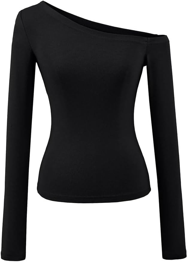 Women One Shoulder Long Sleeve Top Slim Short Style Slim Temperament Short Style T Shirt Apparel