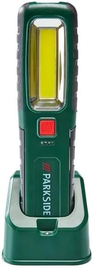 Crivit Parkside PASL 4000 B2 LED Work Light docked in its charging station, displaying the battery charge indicator lights.