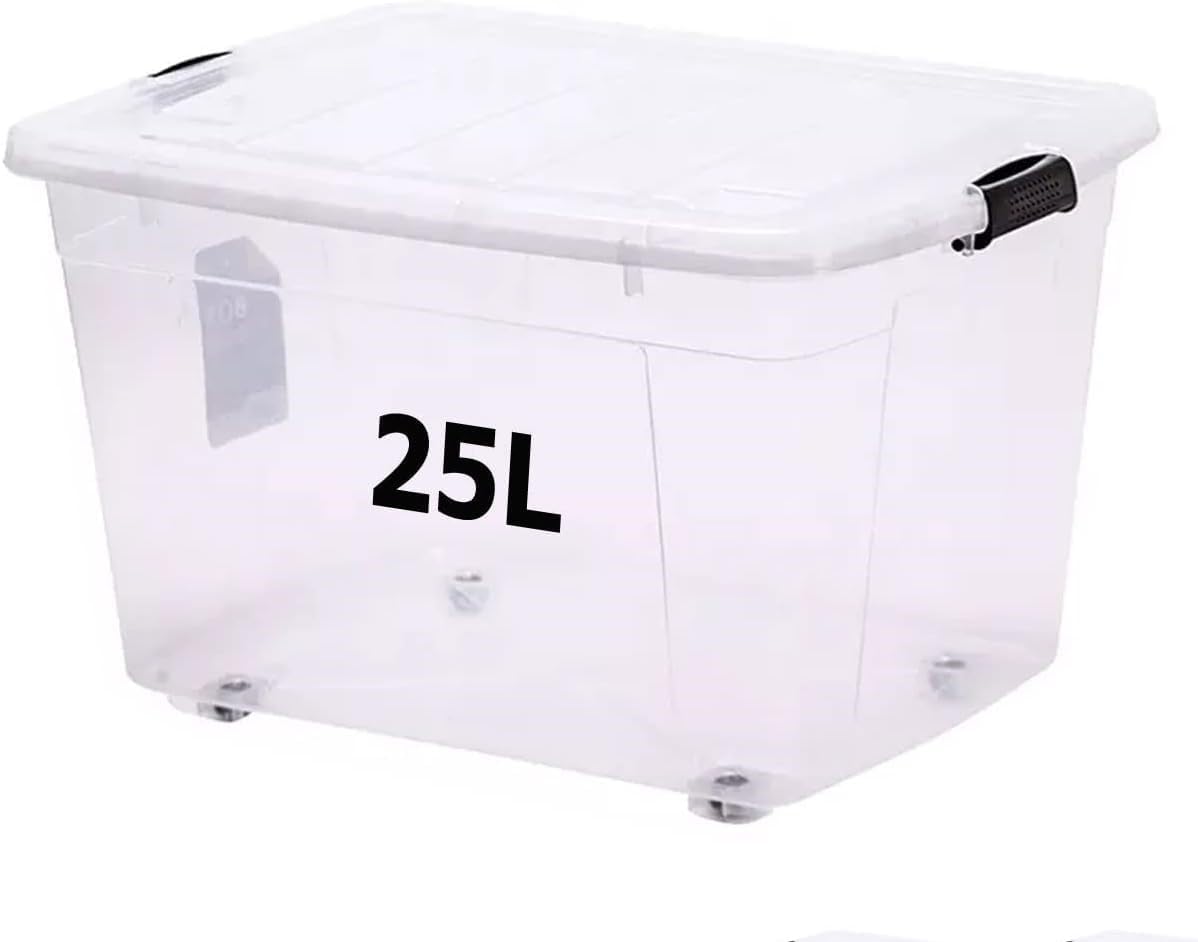 Premify Storage Box 25 L With Lockable Lid & Wheels Clear Plastic Organizer – Transparent Box Storing Clothes, Toys, Tools, Medicine, Arts & Crafts, Kitchen Etc (1 X 25L Storage Box)