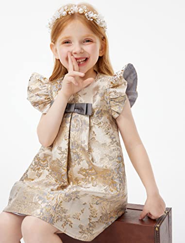 Meilleur Moment Girls Kids Summer Floral Dress Ruffle Sleeve A-Line Golden Jacquard Midi Dress For Girls Daily Party #TOP4