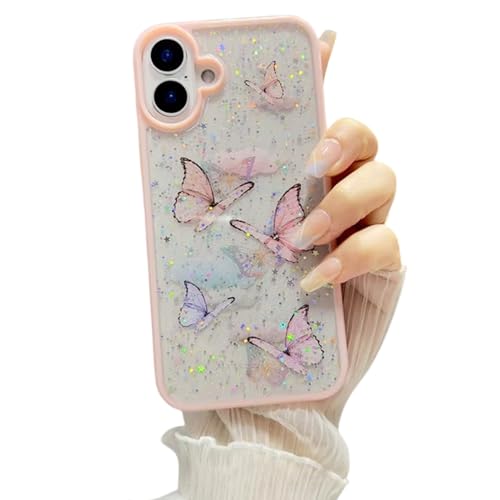 Image of VONZEE for iPhone 16 Plus Clear Glitter Butterfly Case, Cute Bling Sparkle Shiny Soft TPU Bumper Shockproof Women Girls Slim Protective Phone Cover for iPhone 16 Plus 6.7 inch, Pink