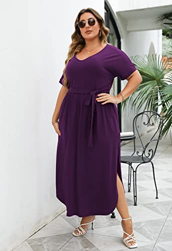 Image of Nemidor Womens Casual Plus Size Tie Waist Slit Long Maxi Dress with Pockets NEM313