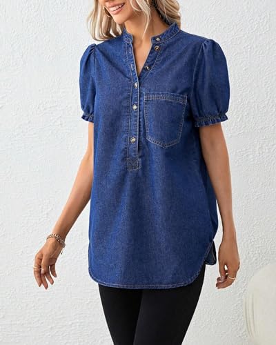 Womens Denim Shirt Casual Button Down V Neck Blouses Puff Short Sleeve Summer Jean Tops3
