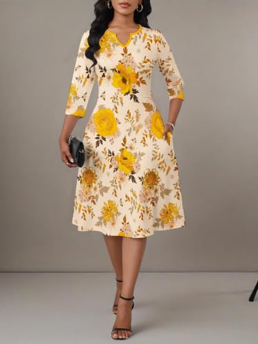 Image of PinkPatty Women's Casual 3 /4 Sleeve Midi Dresses Fit and Flare Church Work Dress with Pockets