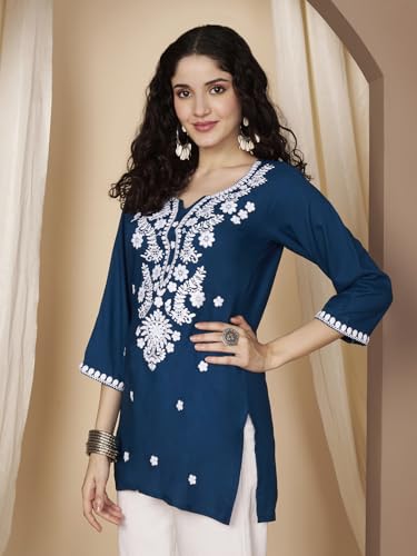 Image of Short Kurti for Women for Jeans, Chikankari Kurtis for Ladies, Lakhnavi V- Neck Women's Tunic Design Kurta, Floral Kurtas & Tunics for Woman