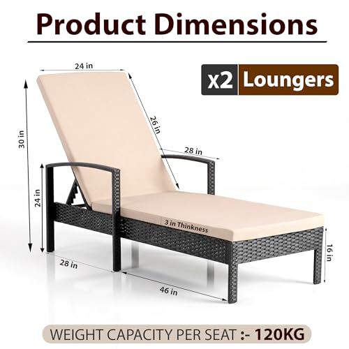 Image of BRISHI Outdoor Swimming Poolside Lounger Beach Sunbathing Lawn Patio Chaise Lounge Sun Lounger Chair Adjustable Backrest, Black-Beige (Double)