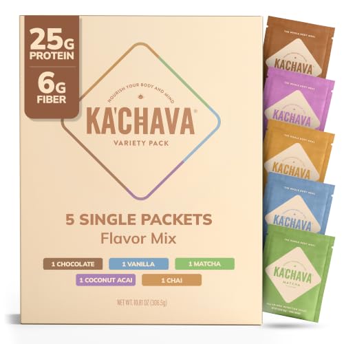 Ka'Chava Nutrition Shake - Vegan Meal Replacement, 85+ Superfoods &amp; Nutrients, Meal Replacement, Greens Plant-Based Powder Protein Drink, Digestive Enzymes &amp; Probiotics - Variety Pack 5 Servings