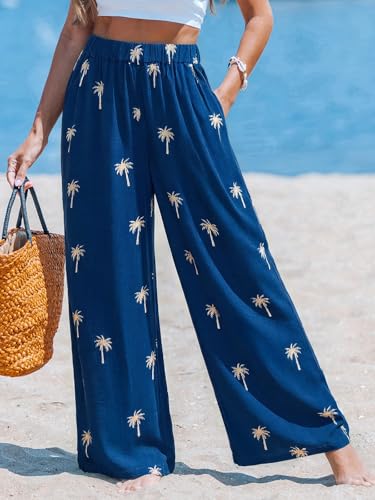 Image of CUPSHE Women's Wide Leg Beach Pants - Tropical Floral with Pockets Plus Size Casual Flowy Vacation Bottoms