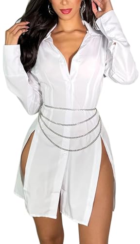 Image of Shirt Dress for Women Sexy Button Down Date Night Dresses Ruched Slit Stand Collar Long Sleeve Blouses