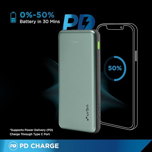Image of URBN Power Bank 10,000mAh - Ultra Slim, 22.5W Two Way Fast Charging, Triple Output, Dual Type C PD, 12 Layers Circuit Protection, BIS Certified, 6 Months Warranty Free Type C Cable - Green