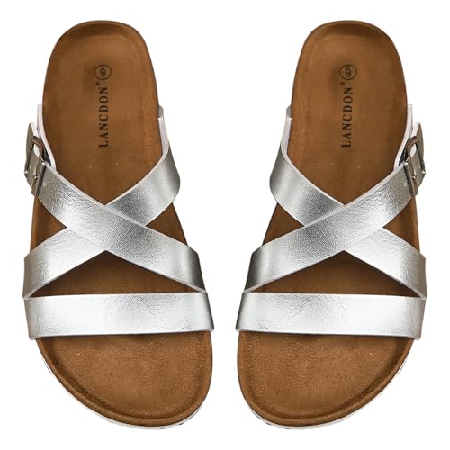 Image of Sandals Women Wide Width, Cork Footbed Arch Support Summer Beach Slide Sandals, Adjustable Strap for Wide Feet