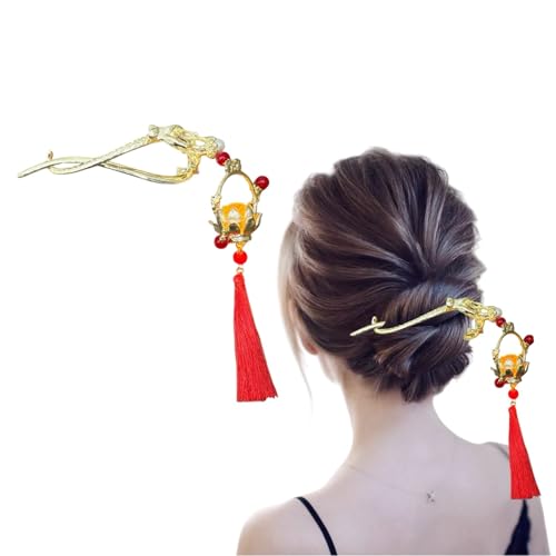 Image of 1pcs of Chinese Hair Sticks for Buns, Pearl Flower Vintage Metal Hair Chopsticks for Women and Girls Dangle Tassel Pendant Hair Accessories Hanfu Handmade Decor Hairpin (RED BANANA 2)