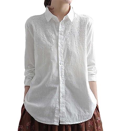 Women's White Long Sleeve Tops Embroidered Cotton Vintage Shirt Casual