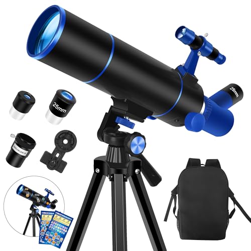 Dianfan Telescopio, 80 mm Apertura Telescopio Astronómico Adultos, Portátil Telescopios para Niños Y Principiantes,Óptica Multirrevestida, con Adaptador para Teléfono, Mochila Y Pegatinas