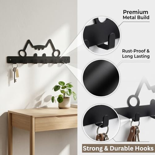 Image of Key Holder for Home, Metal Wall Mounted, 6 Hooks (Cute Cat) | Cat Design, Includes Mounting Screws, For Home Use, 6 Hook Hanger, Metal Construction