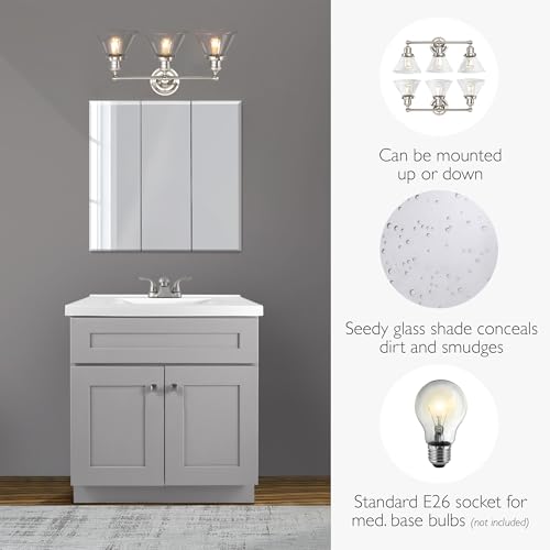 Image of Design House Augustin Vanity Light, 3-Light, Seeded Glass Warm Glow, Dimmable, Up /Down Glow, Easy Installation, E26 Socket, Satin Nickel, 25.9 in L x 8.3 in D x 11.1 in H, 589036-SN