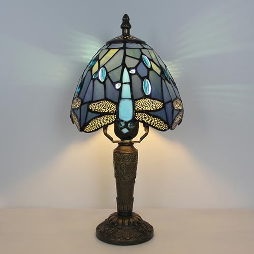 tuomoxte Tiffany Small Table Lamp,Blue Dragonfly Stained Glass 3 Color Temperature Antique Table Lamps,Bedside Nightstand Lamp for Bedroom,Living Room,Home Office+LED Bulb,6X6X12.5Inch