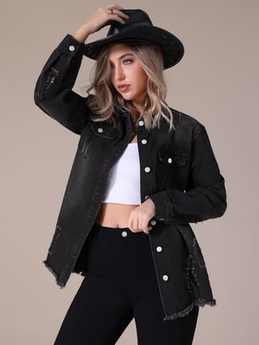 Women's Denim Jacket Frayed Hem Long Sleeve Ripped Distressed Jean Jackets3