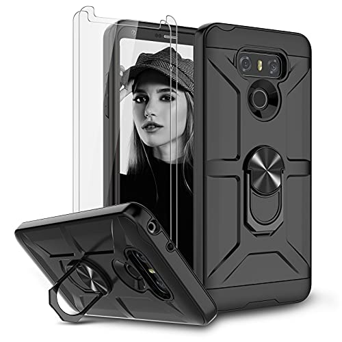 Jeylly Case for LG G6 with Tempered Glass Screen Protector, 360 Rotating Ring Kickstand Holder [Work with Magnetic Car Mount] Armor Defender Shockproof Phone Case for LG G6 2017, Black