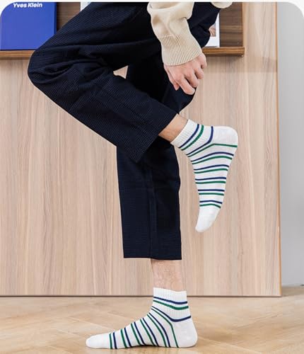5 Pairs of Men's Ankle Socks, Summer Thin Breathable Cotton Socks, Trendy Striped Sports Socks, White & Blue4