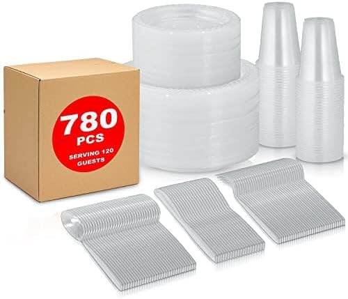 780 Piece Disposable Clear Tableware Set for 120 Guests By StockHomery- Microwavable Plastic Dinnerware Set of 120 9” Plates, 180 6” Dessert Plates, 120 9oz Cups,120 Spoons, Forks, Knives,