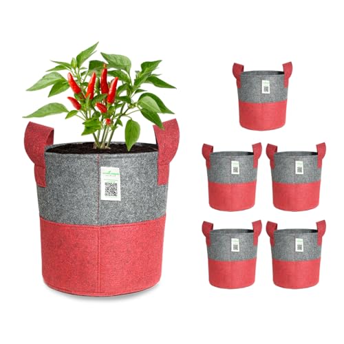 Anandi Green's 400 GSM Round Geo Fabric Plant Grow Bags with Handle Suitable for Terrace and Vegetable Gardening Dark Grey & Maroon Color Size 15x15 Inch Pack of 5