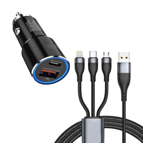 Image of 150W Dual Output Fast Car Charger with Type-C PD & USB, LED Indicator, Adapter & 3 in 1 Cable Compatible with Cars for iPhone & Android Smartphone, Earbud, Power Bank (Black) (Black+3in1cable)