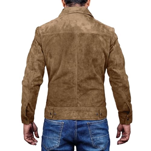 Image of Mens Polo Collar Zipper Suede Shirts Long Sleeve Shacket Suede Trucker Jacket Real Suede Leather Shirt
