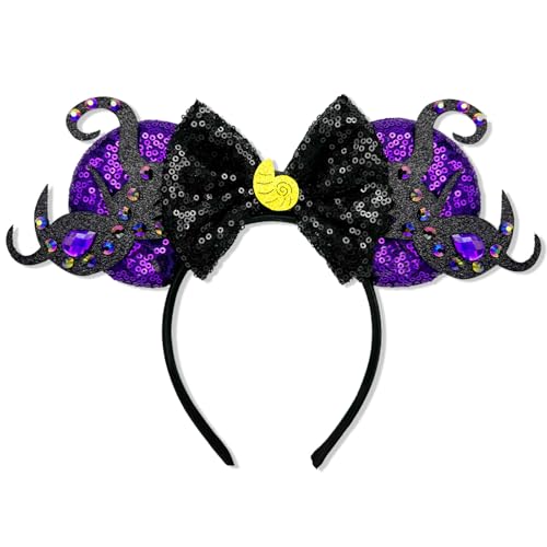 INLOLLY Halloween Ursula Ears Evil Queen Queen of Hearts headband, Eye-Catching Evil Style Purple Red Sparkle Sequin, Halloween Hair Accessories for Ursula Costume Women Cosplay Party