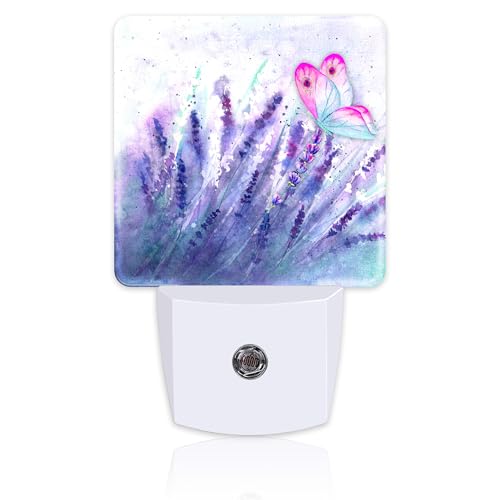 Image of Lavender with Pink Butterfly Night Light for Kids, Watercolor Purple Meadow Floral Night Light Plug in with Dusk to Dawn Sensor, 0.5w Energy Saving Nightlight for Hallway Stairway Kitchen Bedroom