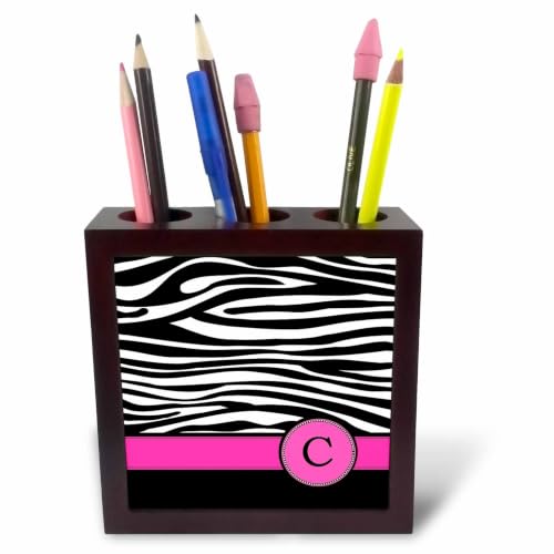 3dRose Letter C monogrammed black and white zebra stripes animal print with hot pink personalized initial 5 inch tile pen holder