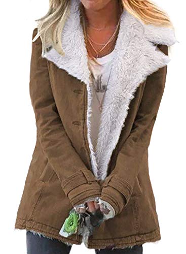 Happy Sailed Womens Vintage Lapel Winter Coat Warm Fleeced Lined Denim Long Jackets Khaki L